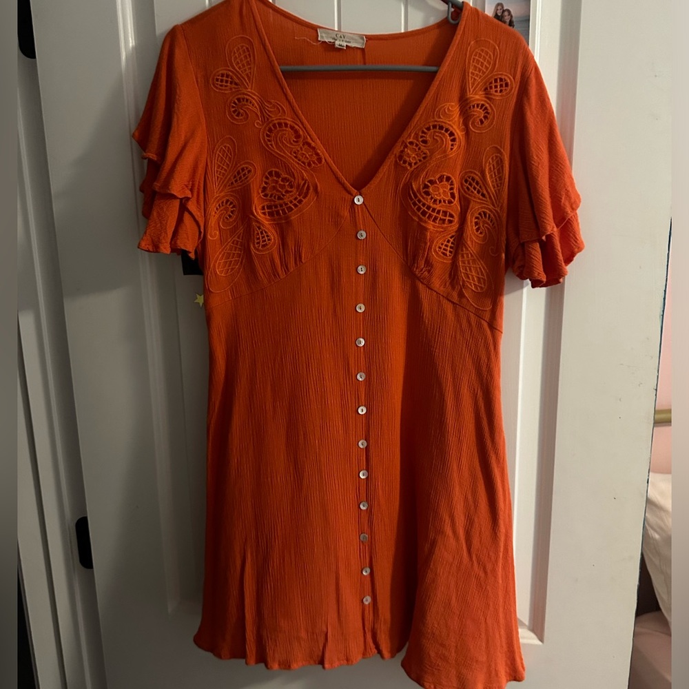 Orange mini dress details ruffle sleeves button down c&v dress slight v neck